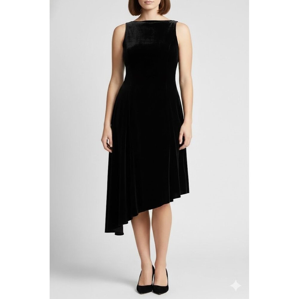 NWT Polo Ralph Lauren Gia in Black Asymmetric Stretch Velvet Cocktail Dress 18